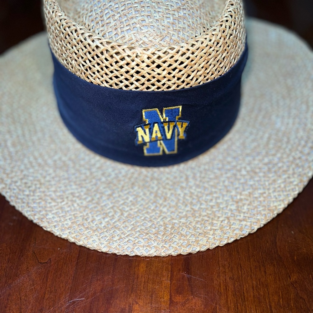 Navy straw fedora hat